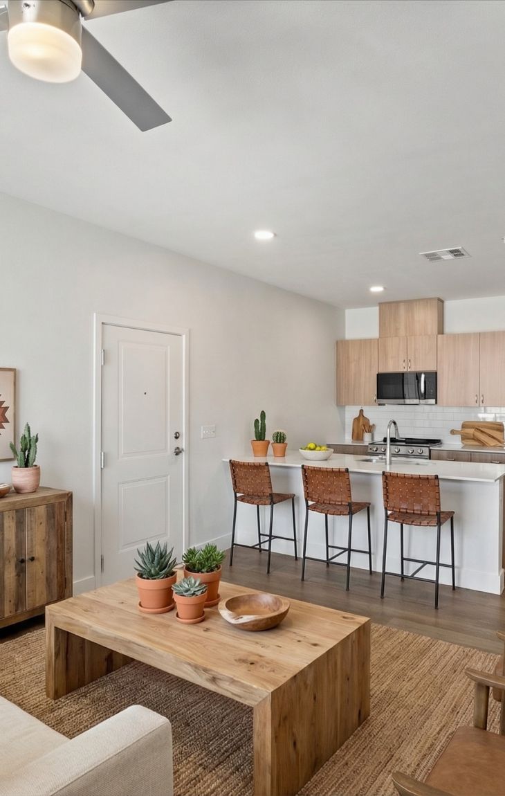 Modern open-concept living room and kitchen with neutral decor, wooden furniture, and potted plants.