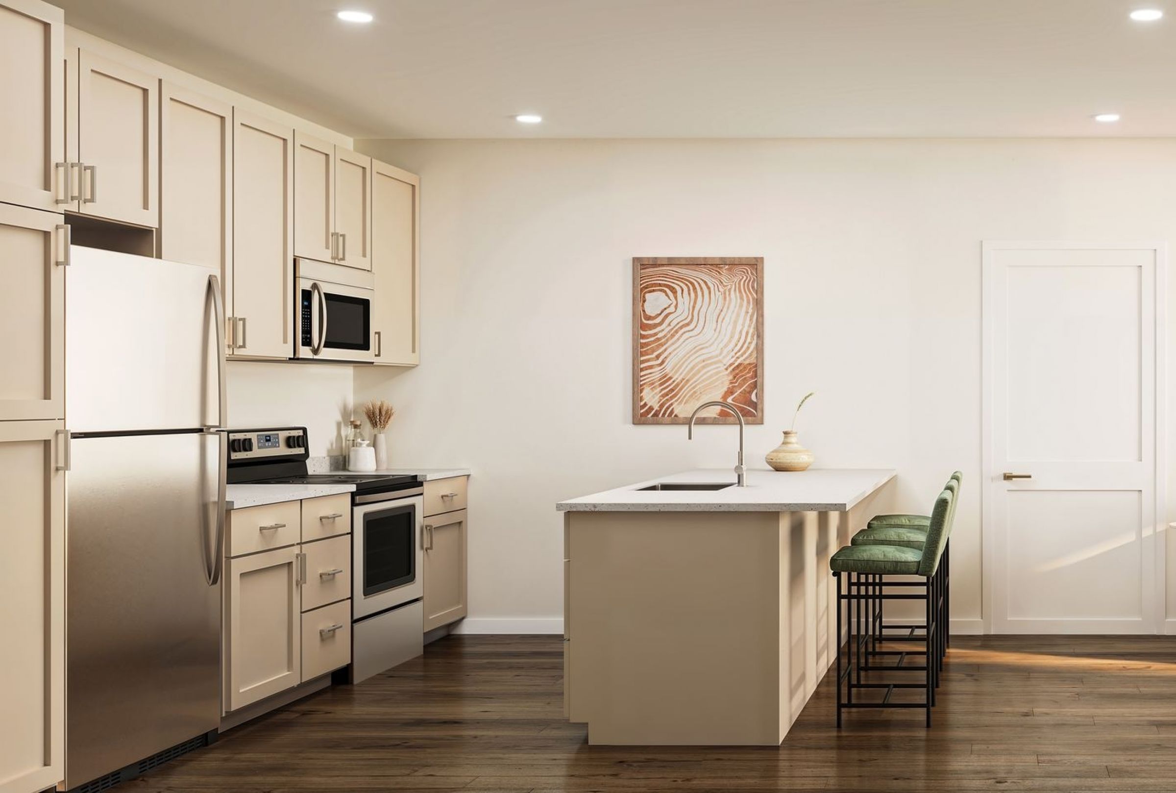 Modern kitchen with wood cabinets, stainless steel appliances, and a white countertop island.